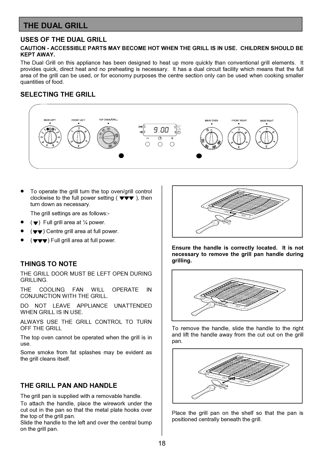 Zanussi ZCE 7702 manual Uses of the Dual Grill, Selecting the Grill, Grill PAN and Handle 