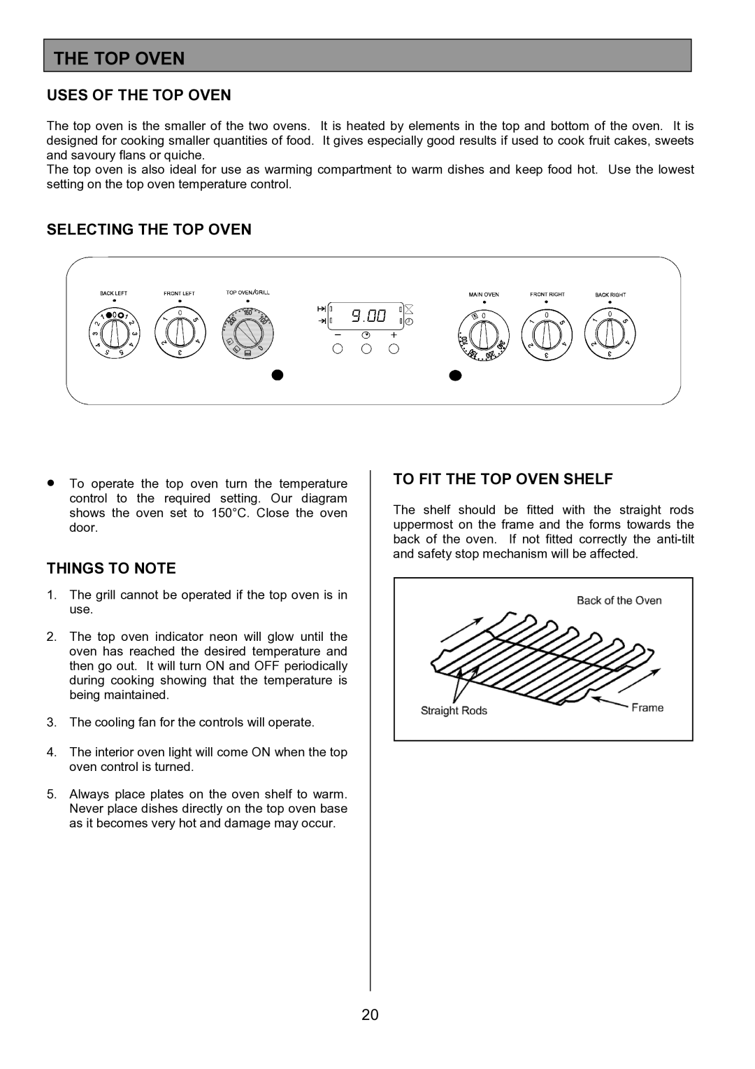 Zanussi ZCE 7702 manual Uses of the TOP Oven, Selecting the TOP Oven, To FIT the TOP Oven Shelf 