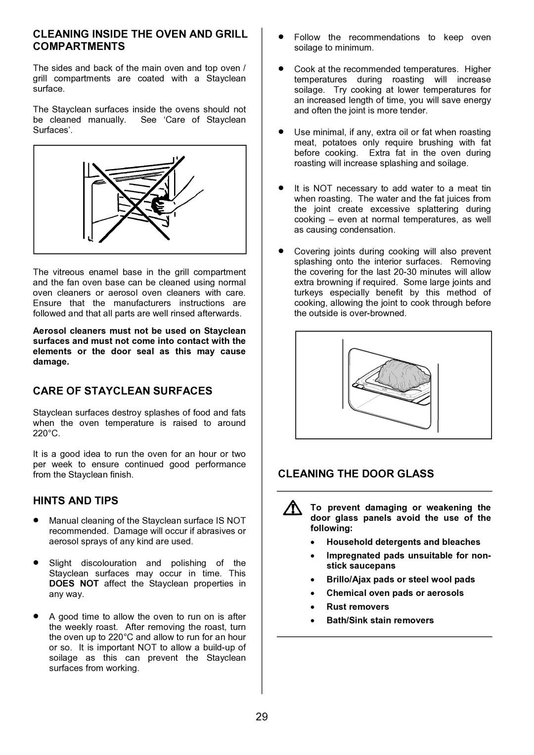 Zanussi ZCE 7702 Cleaning Inside the Oven and Grill Compartments, Care of Stayclean Surfaces, Cleaning the Door Glass 