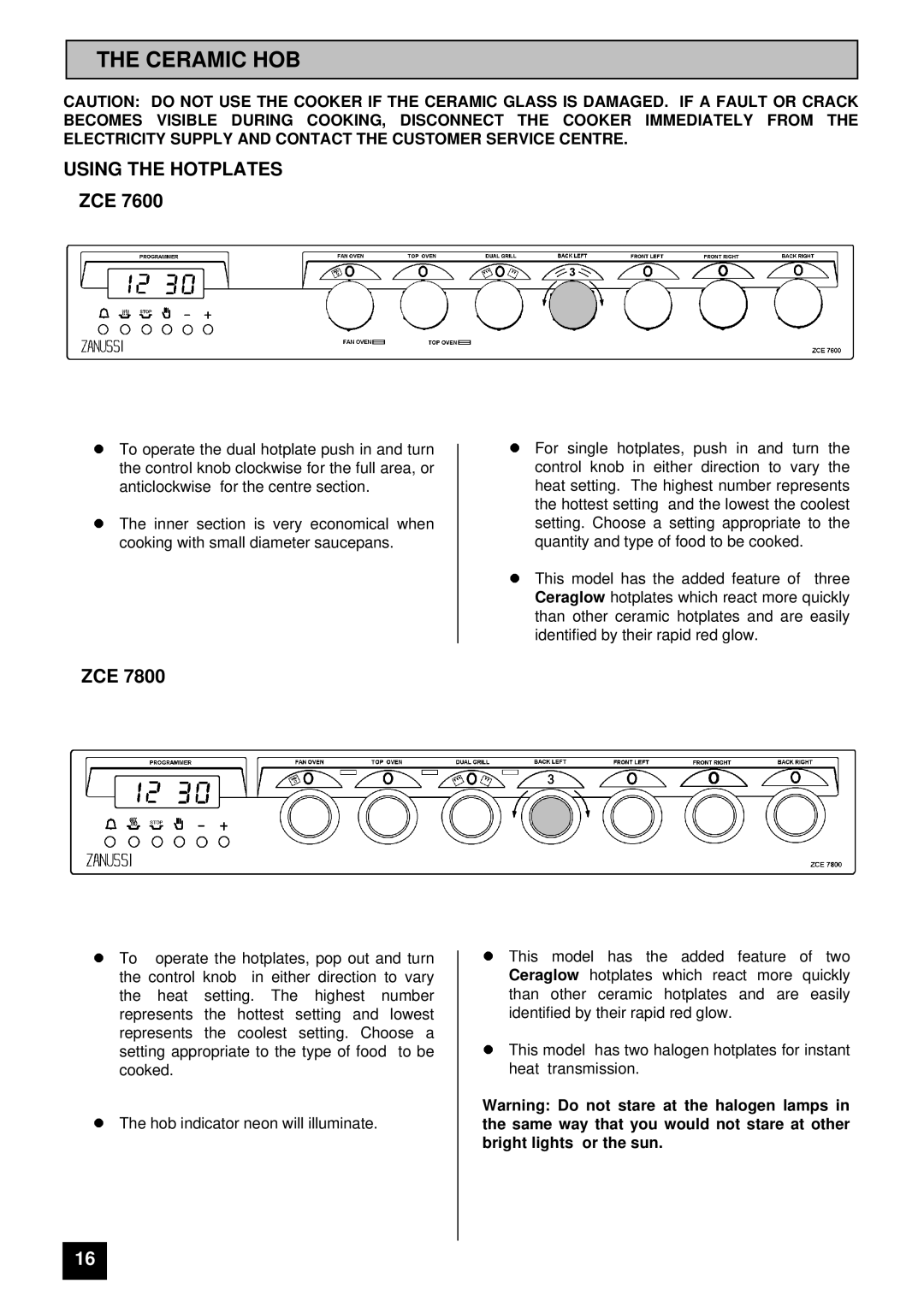 Zanussi ZCE 7800, ZCE 7600 manual Ceramic HOB, Using the Hotplates 