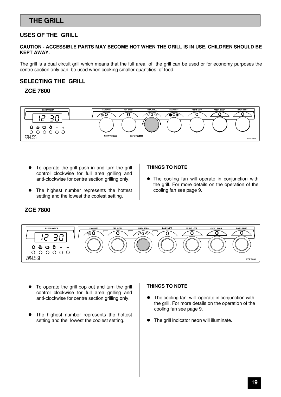 Zanussi ZCE 7600, ZCE 7800 manual Uses of the Grill, Selecting the Grill, Things to Note 