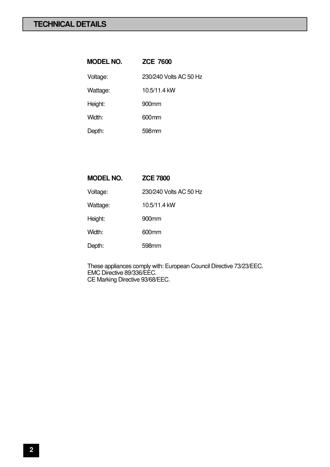 Zanussi ZCE 7800, ZCE 7600 manual Technical Details, Model no 