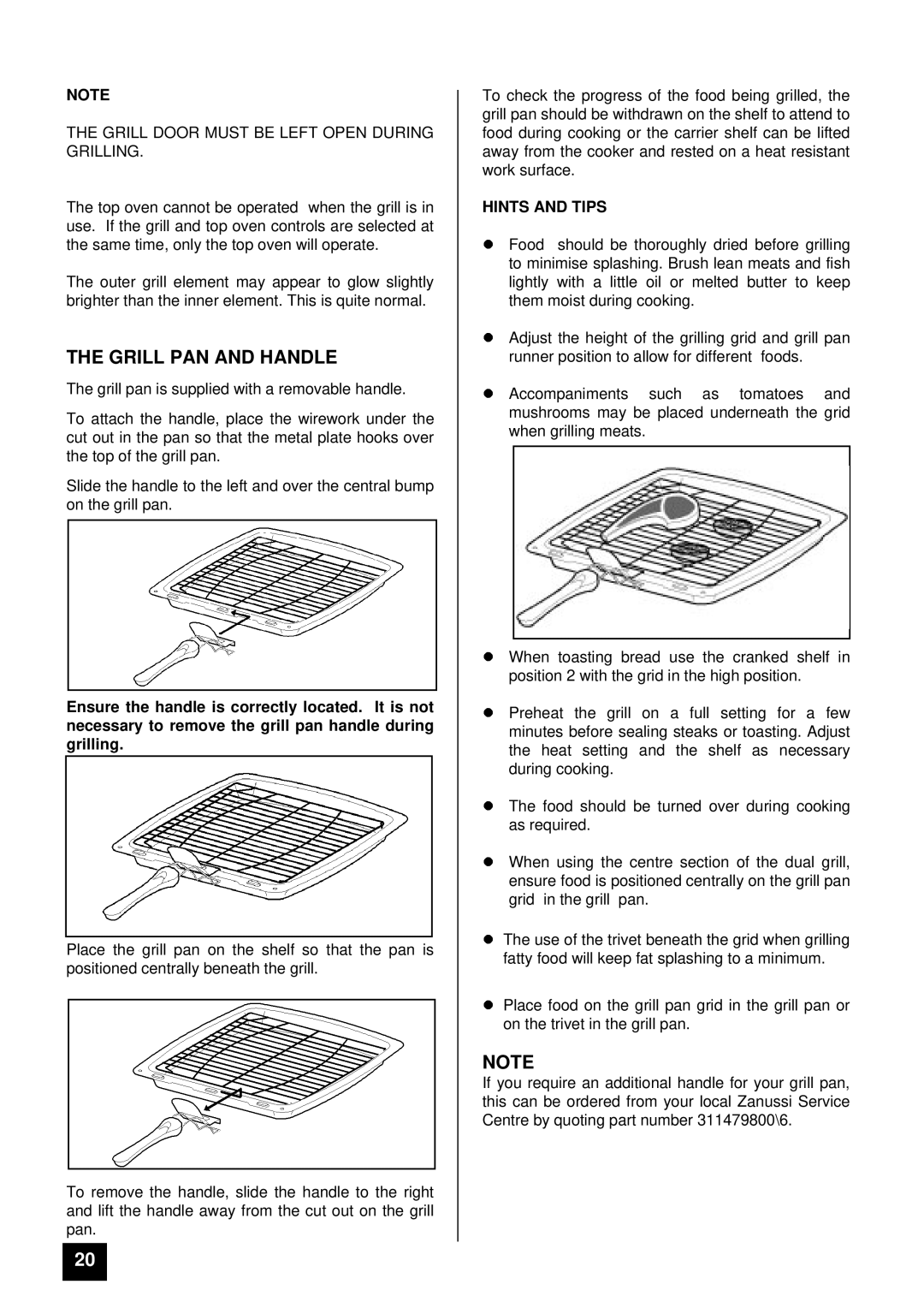 Zanussi ZCE 7800, ZCE 7600 manual Grill PAN and Handle, Hints and Tips 