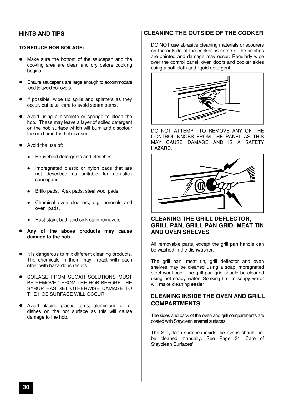 Zanussi ZCE 7800 manual Hints and Tips, Cleaning the Outside of the Cooker, Cleaning Inside the Oven and Grill Compartments 