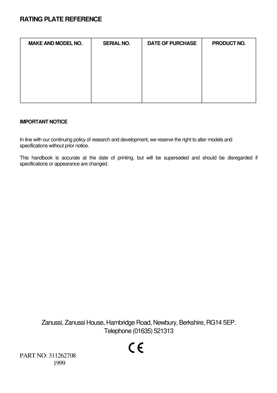 Zanussi ZCE 7800, ZCE 7600 manual Rating Plate Reference 