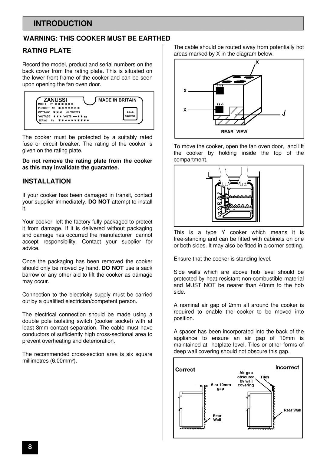 Zanussi ZCE 7800, ZCE 7600 manual Introduction, Rating Plate, Installation 