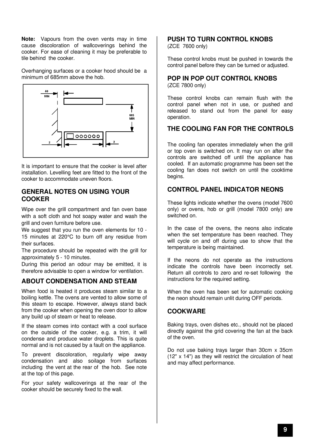 Zanussi ZCE 7600 General Notes on Using Your Cooker, About Condensation and Steam, Push to Turn Control Knobs, Cookware 