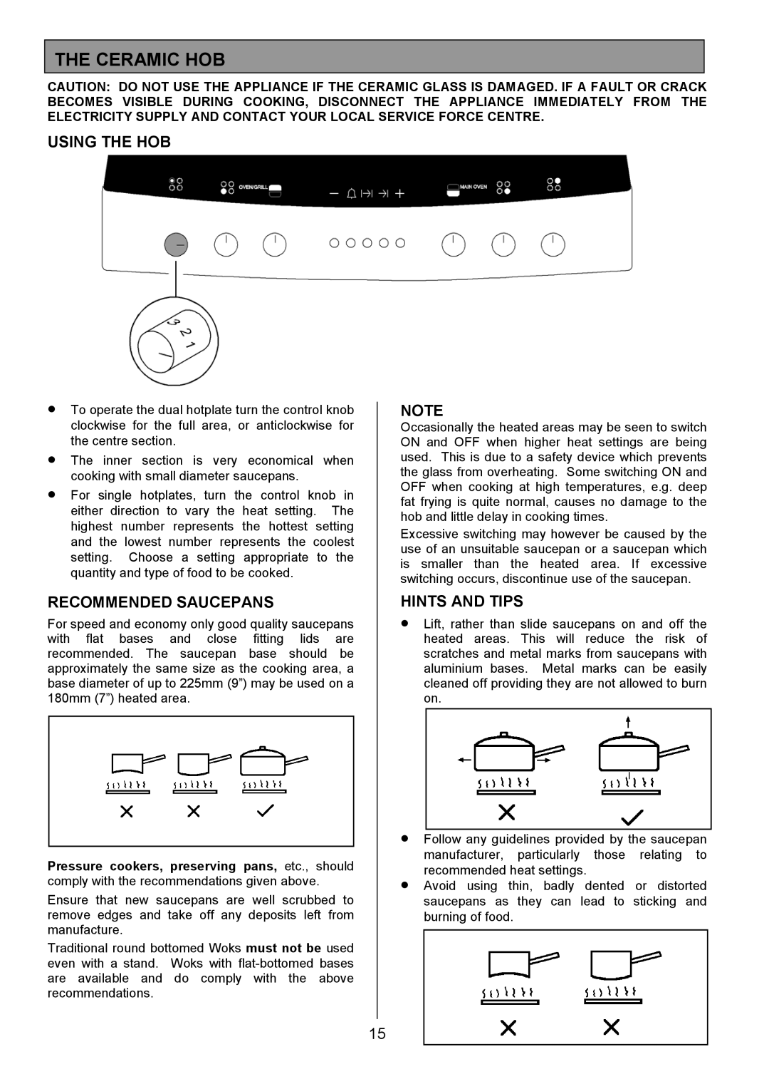 Zanussi ZCE 8020AX/CH manual Ceramic HOB, Using the HOB, Recommended Saucepans, Hints and Tips 