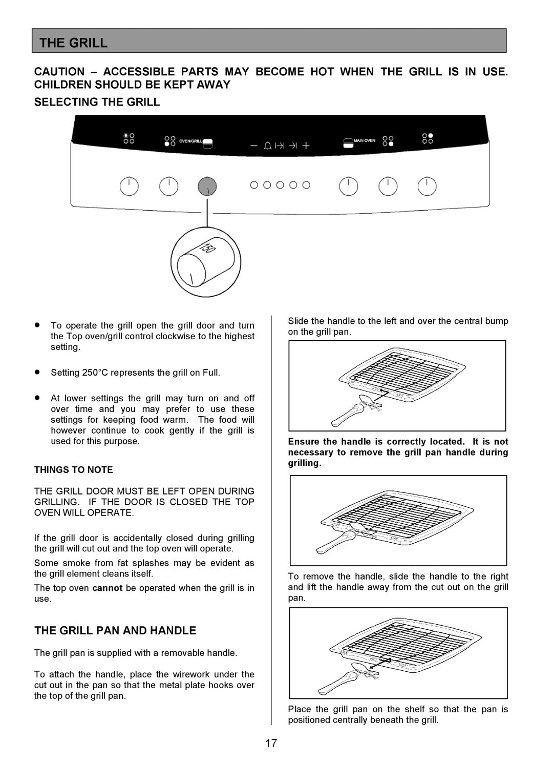 Zanussi ZCE 8020AX/CH manual Selecting the Grill, Grill PAN and Handle, Things to Note 