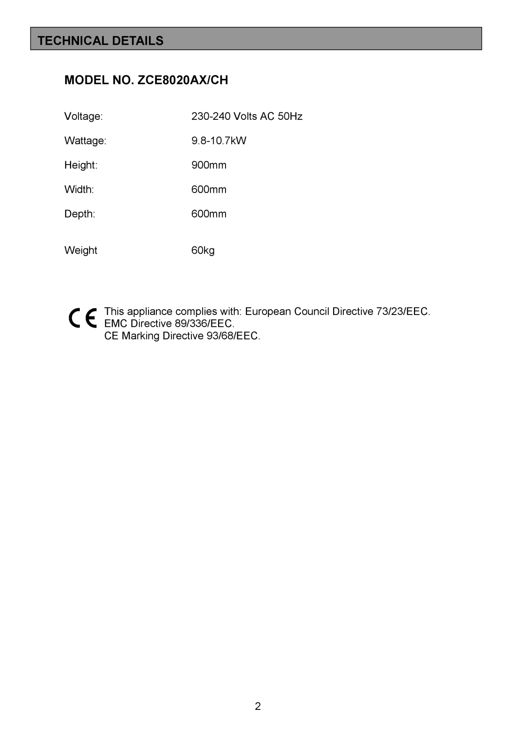 Zanussi ZCE 8020AX/CH manual Technical Details Model NO. ZCE8020AX/CH 