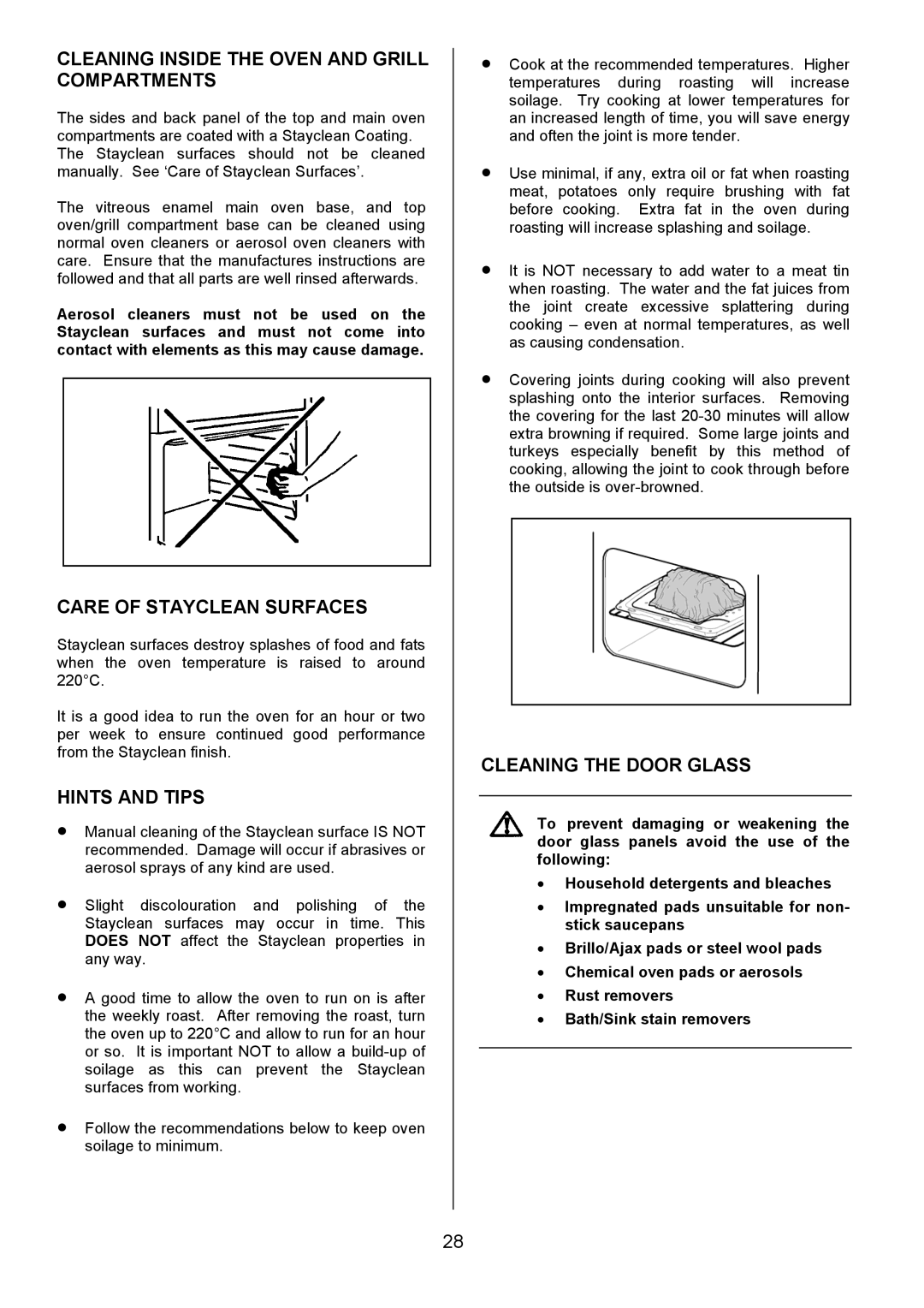 Zanussi ZCE 8020AX/CH Cleaning Inside the Oven and Grill Compartments, Care of Stayclean Surfaces, Cleaning the Door Glass 