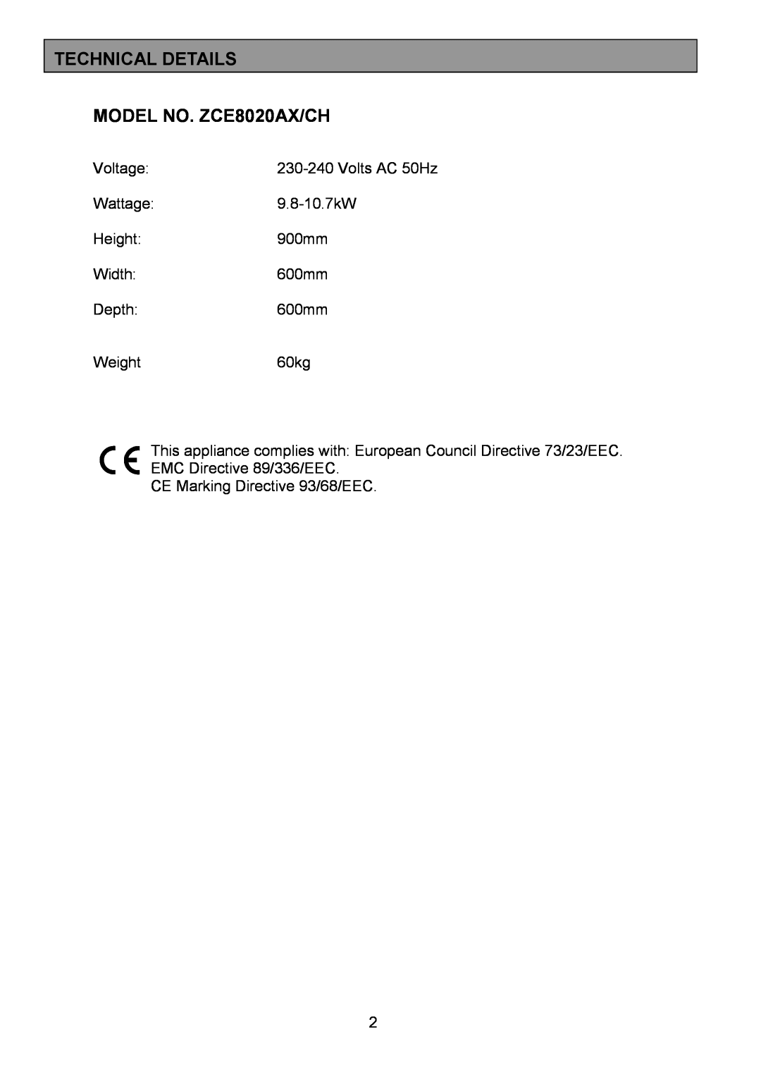 Zanussi ZCE 8020AX/CH manual Technical Details, MODEL NO. ZCE8020AX/CH 