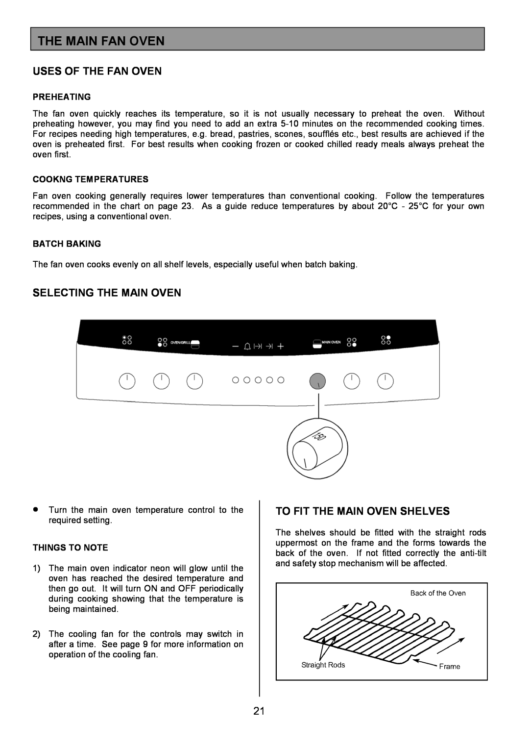 Zanussi ZCE 8020AX/CH manual The Main Fan Oven, Uses Of The Fan Oven, Selecting The Main Oven, To Fit The Main Oven Shelves 