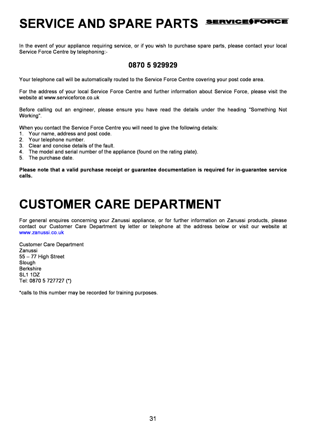 Zanussi ZCE 8020AX/CH manual 0870, Service And Spare Parts, Customer Care Department 