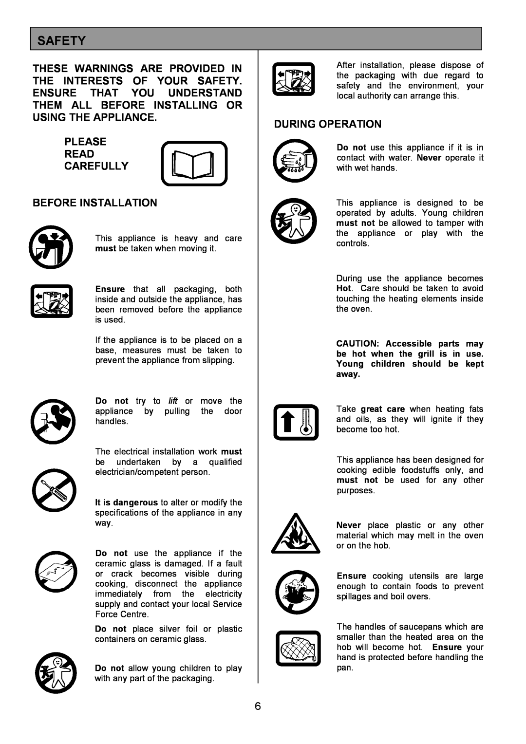 Zanussi ZCE 8020AX/CH manual Safety, Please Read Carefully Before Installation, During Operation 