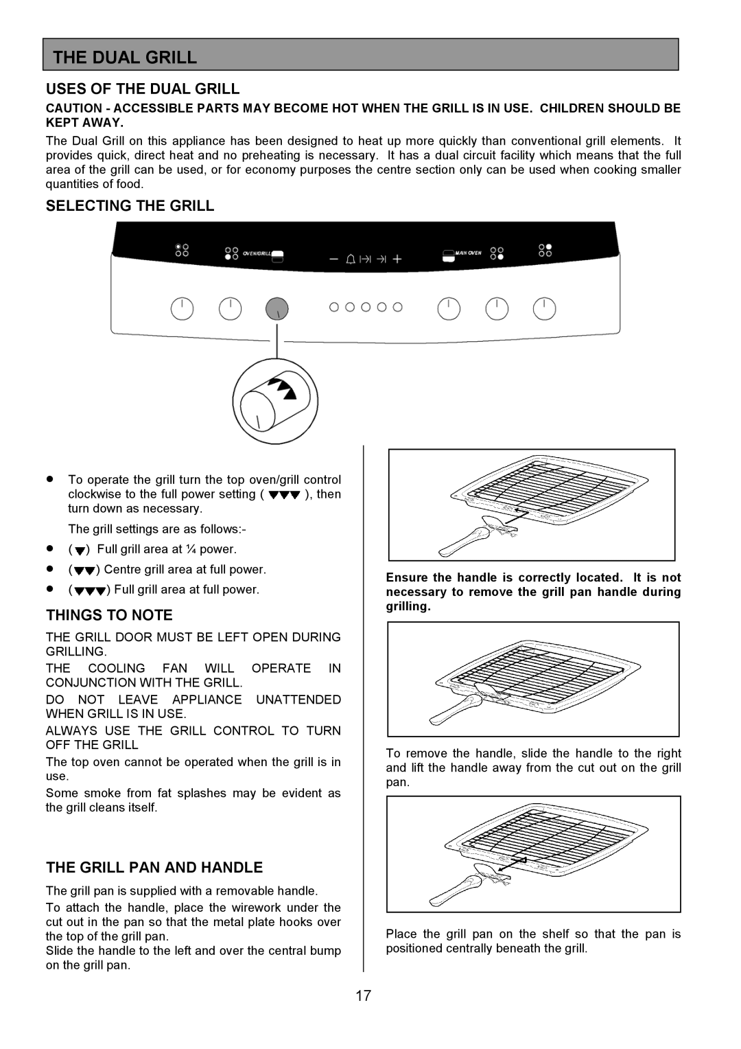 Zanussi ZCE 8021 manual Uses of the Dual Grill, Selecting the Grill, Grill PAN and Handle 