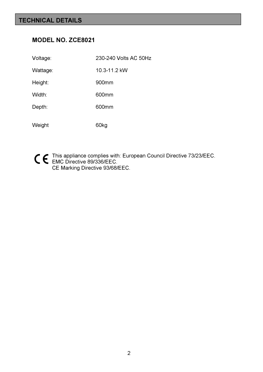 Zanussi ZCE 8021 manual Technical Details Model NO. ZCE8021 