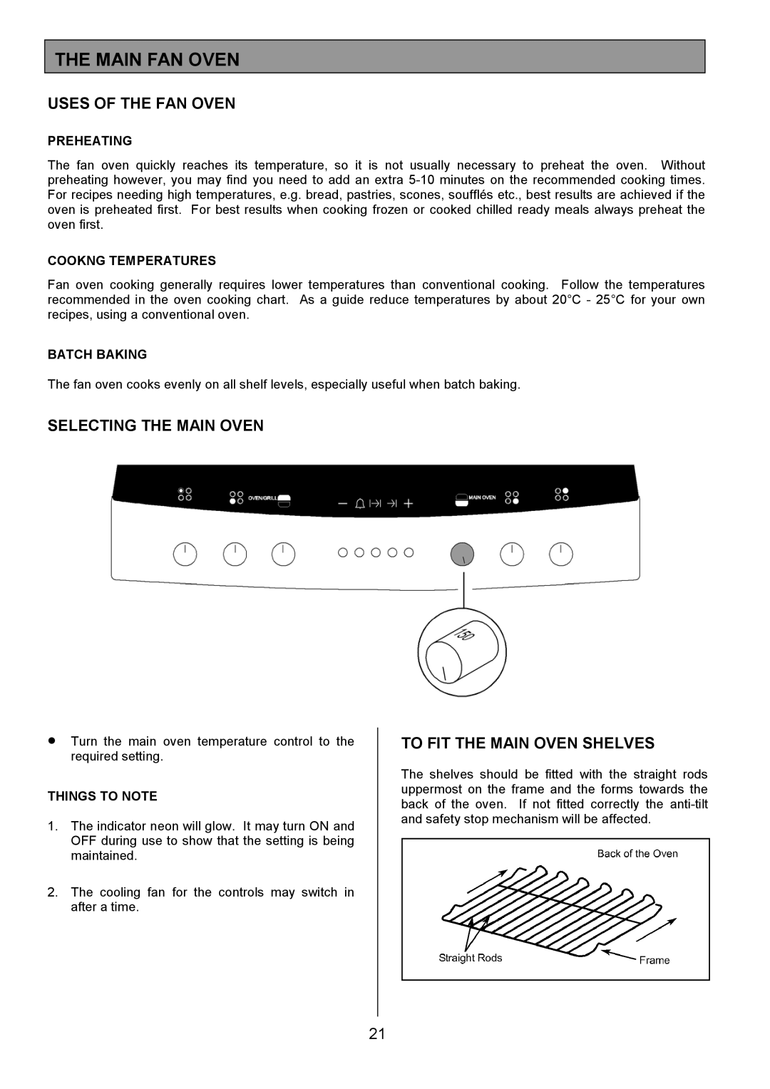 Zanussi ZCE 8021 manual Main FAN Oven, Uses of the FAN Oven, Selecting the Main Oven, To FIT the Main Oven Shelves 