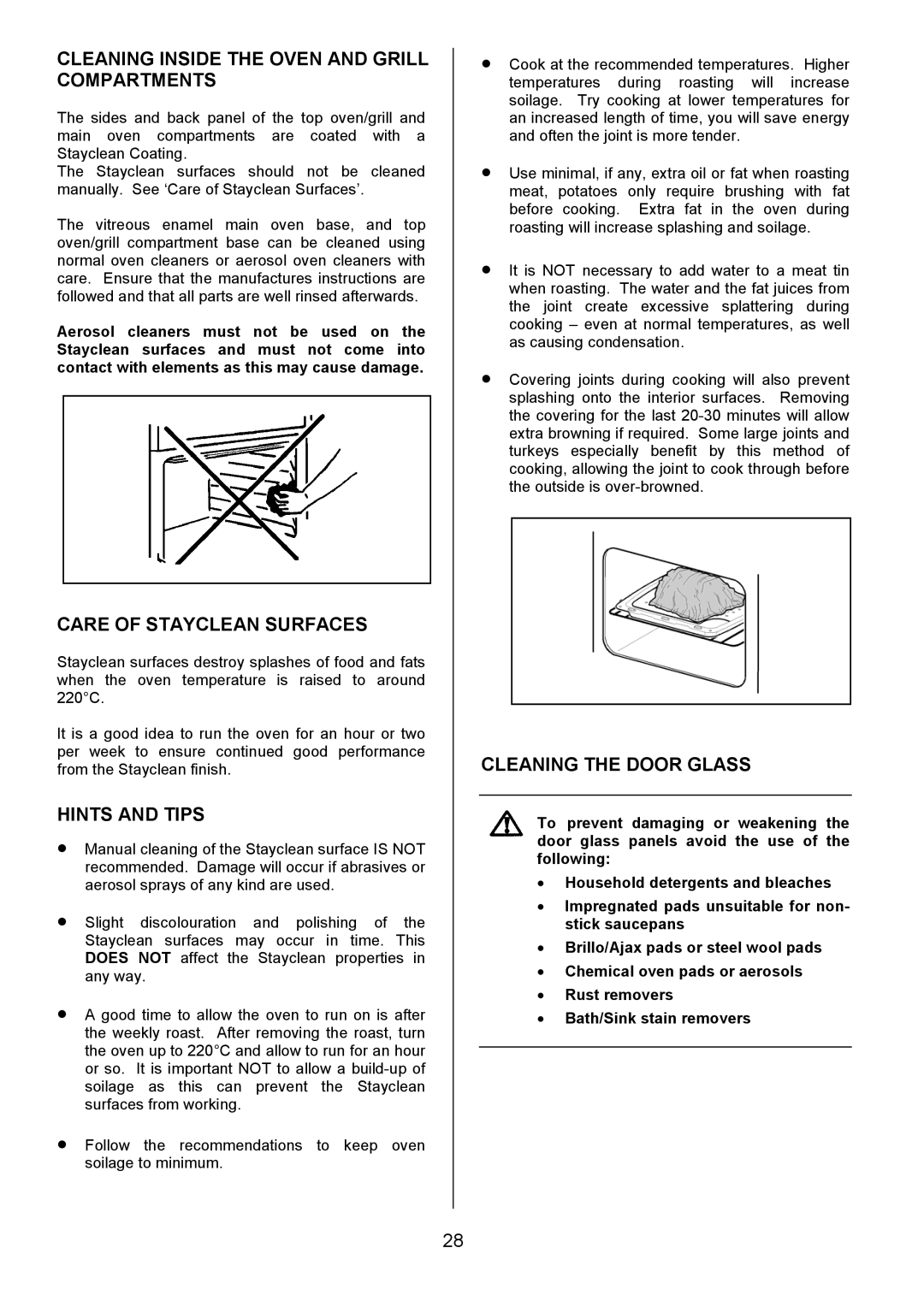 Zanussi ZCE 8021 Cleaning Inside the Oven and Grill Compartments, Care of Stayclean Surfaces, Cleaning the Door Glass 