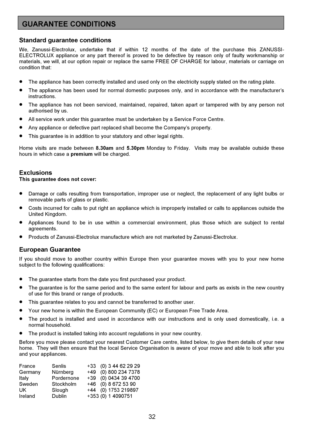 Zanussi ZCE 8021 manual Guarantee Conditions, Standard guarantee conditions 