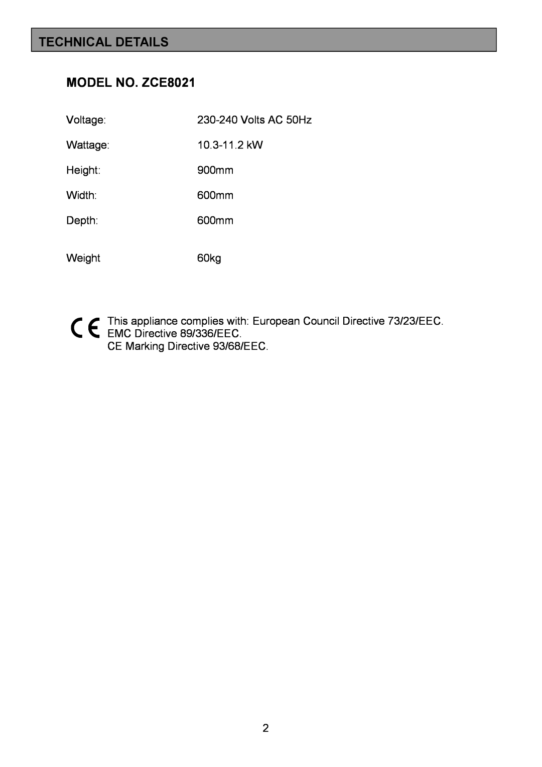 Zanussi ZCE 8021 manual Technical Details, MODEL NO. ZCE8021 
