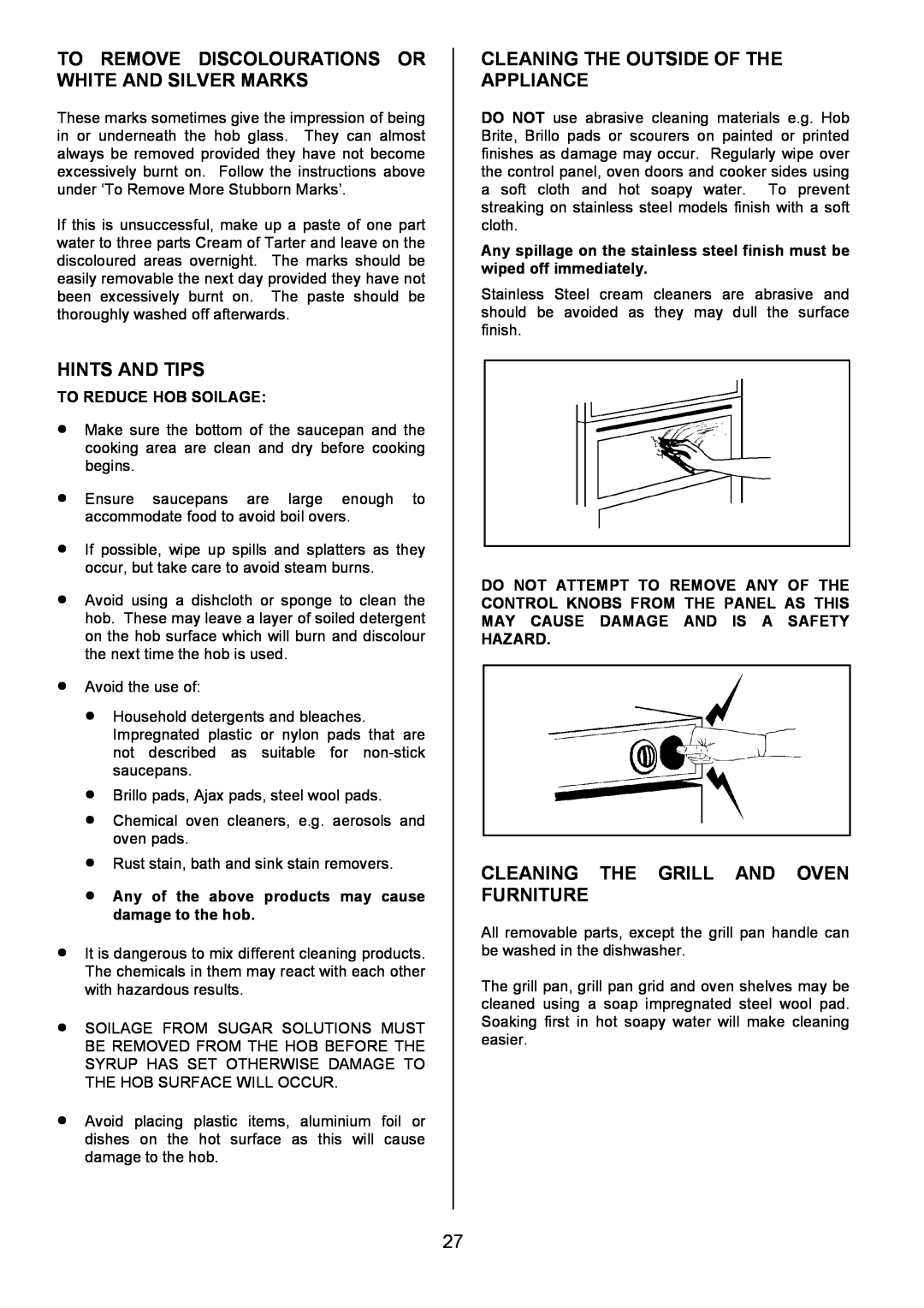 Zanussi ZCE 8021 manual Cleaning The Outside Of The Appliance, Cleaning The Grill And Oven Furniture, Hints And Tips 