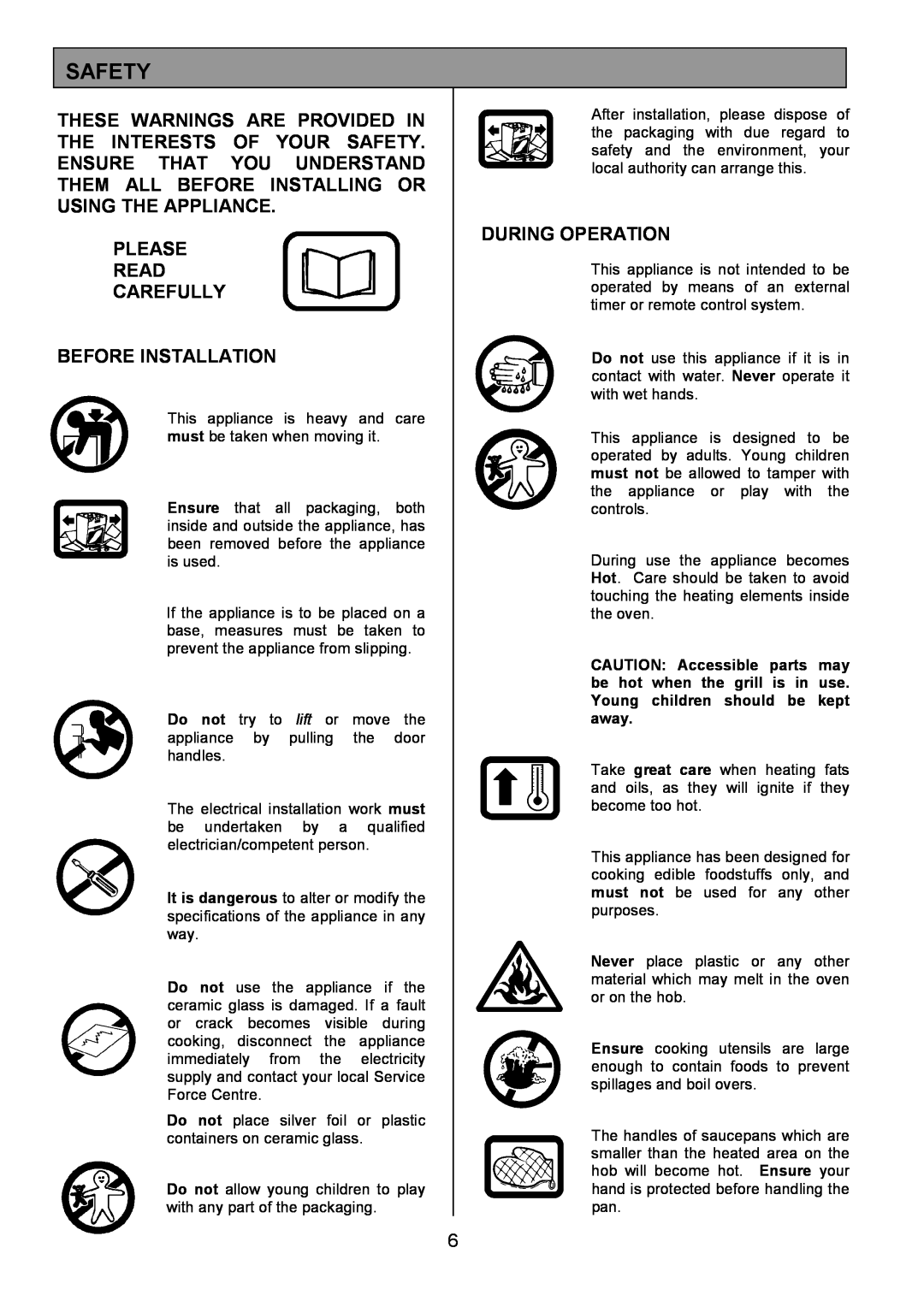 Zanussi ZCE 8021 manual Safety, Please Read Carefully Before Installation, During Operation 