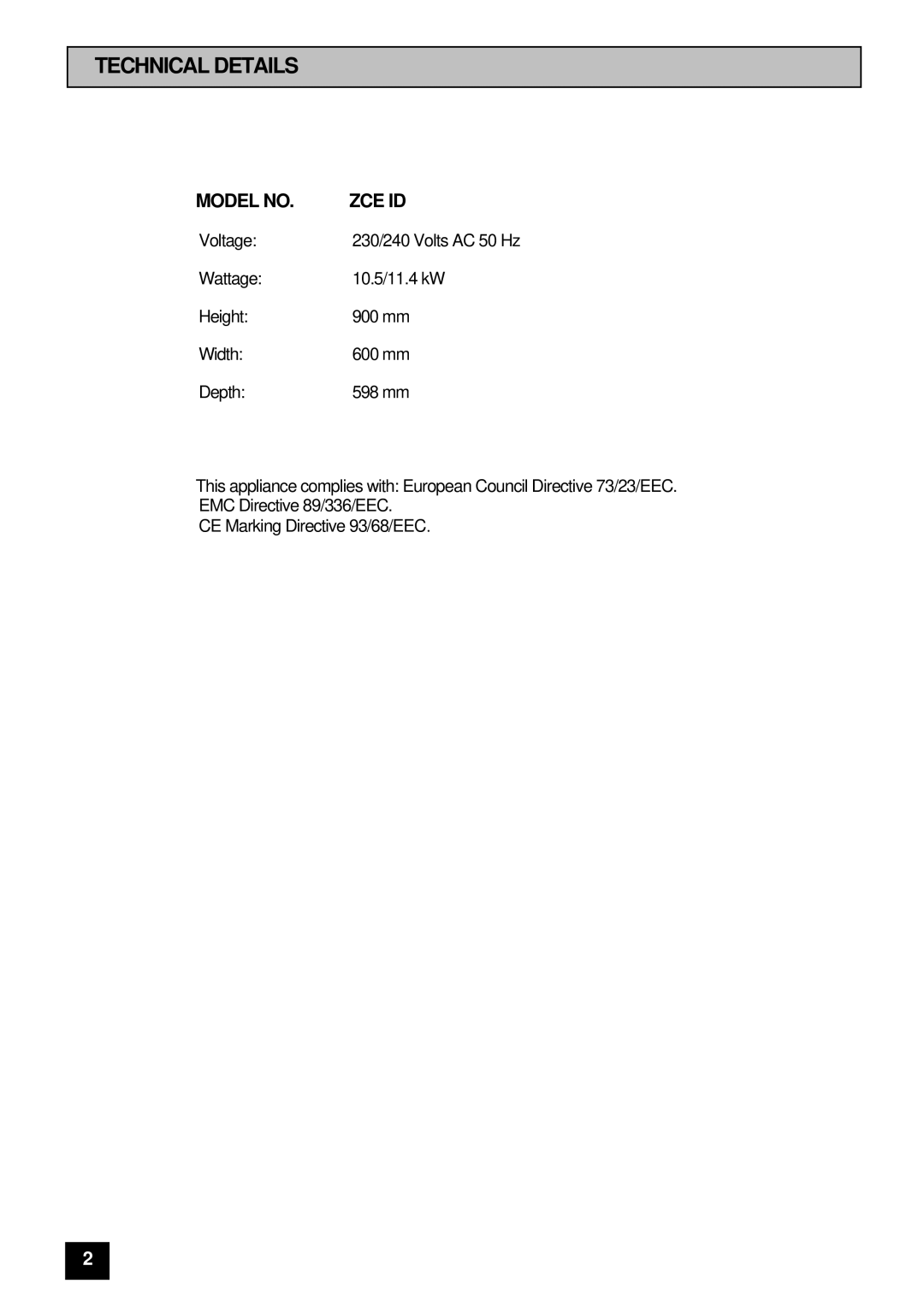 Zanussi manual Technical Details, Model no ZCE ID 