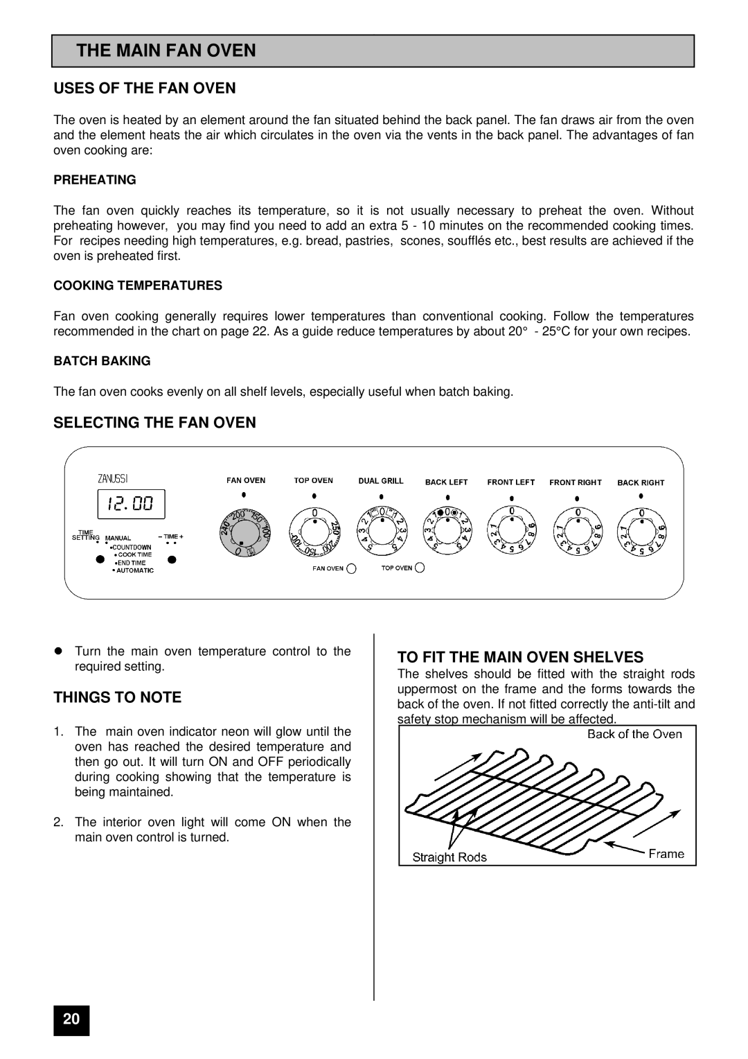 Zanussi ZCE ID Main FAN Oven, Uses of the FAN Oven, Selecting the FAN Oven, Things to Note, To FIT the Main Oven Shelves 