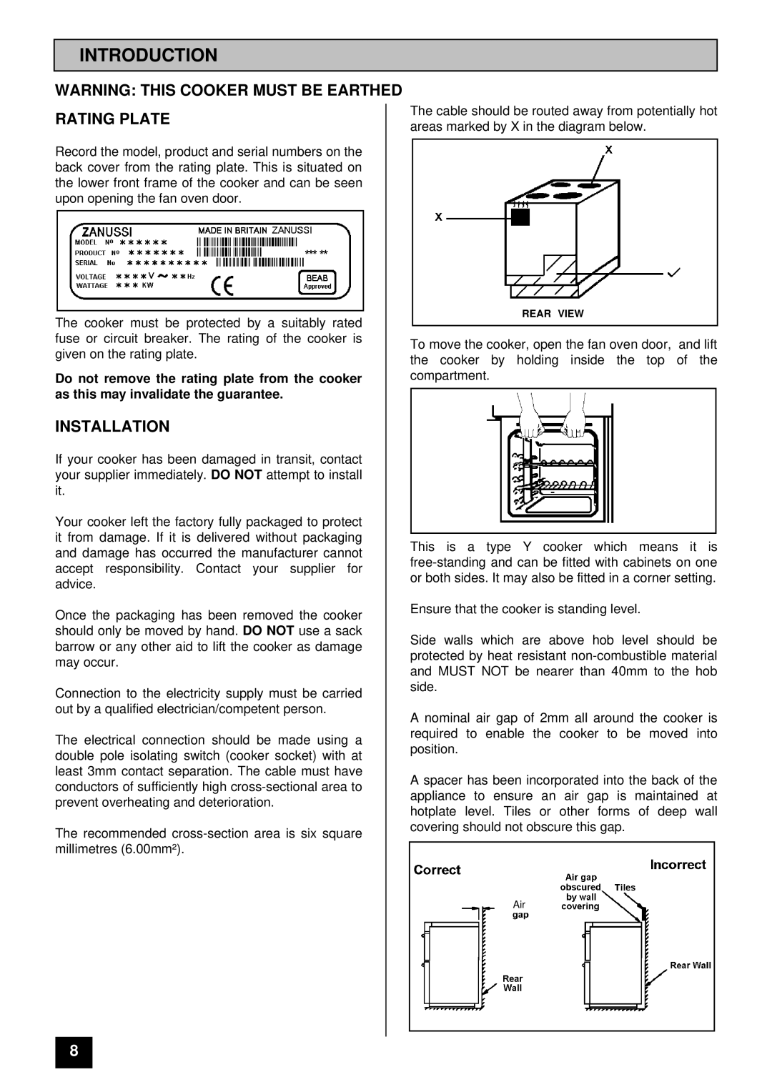 Zanussi ZCE ID manual Introduction, Rating Plate, Installation 