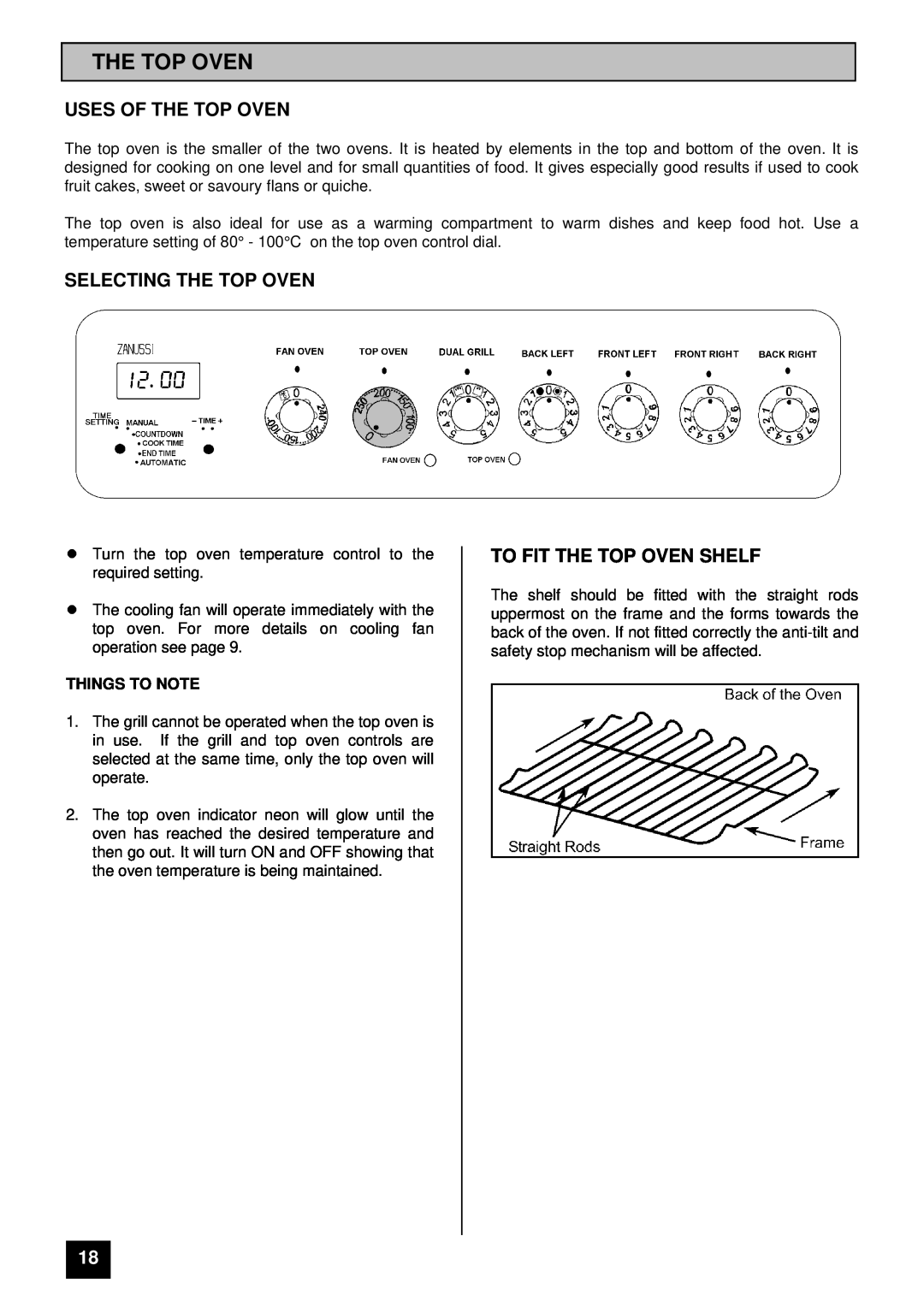 Zanussi ZCE ID manual Uses Of The Top Oven, Selecting The Top Oven, To Fit The Top Oven Shelf, Things To Note 