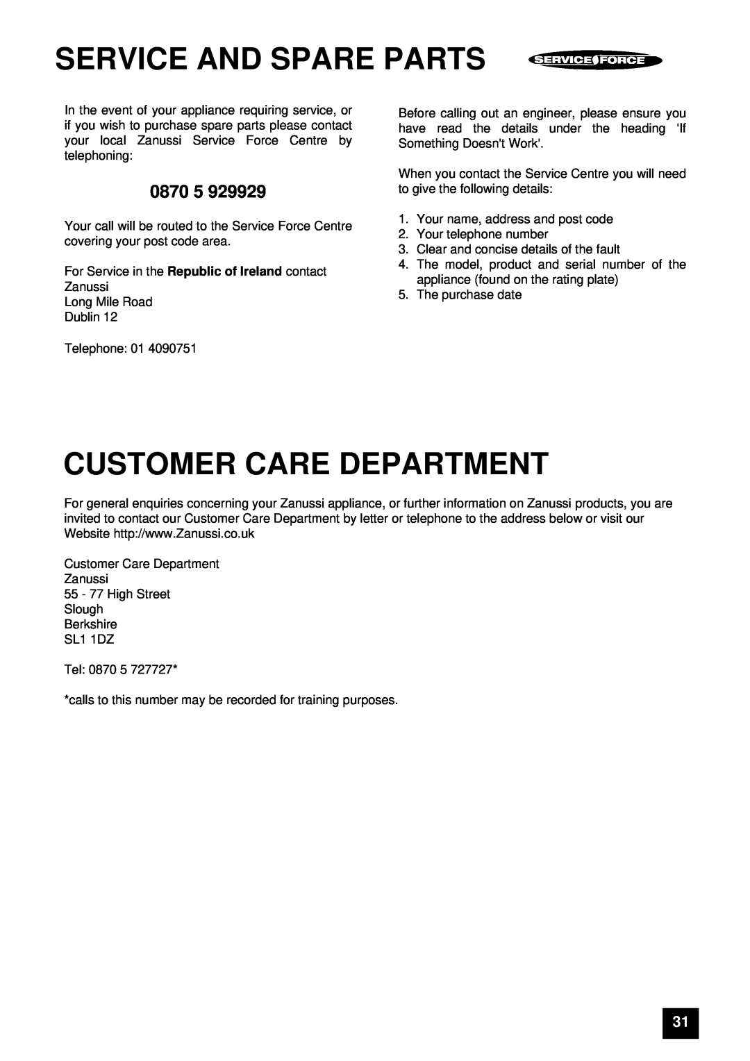 Zanussi ZCE ID manual 0870, Service And Spare Parts, Customer Care Department 