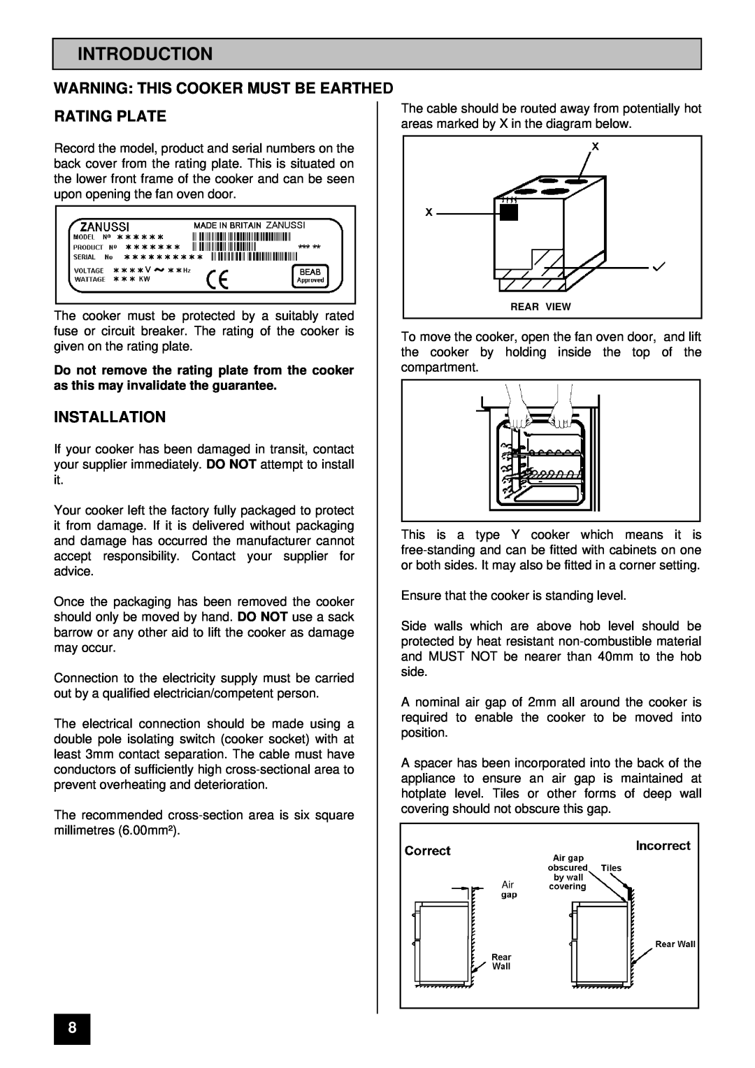 Zanussi ZCE ID manual Introduction, Warning This Cooker Must Be Earthed Rating Plate, Installation 
