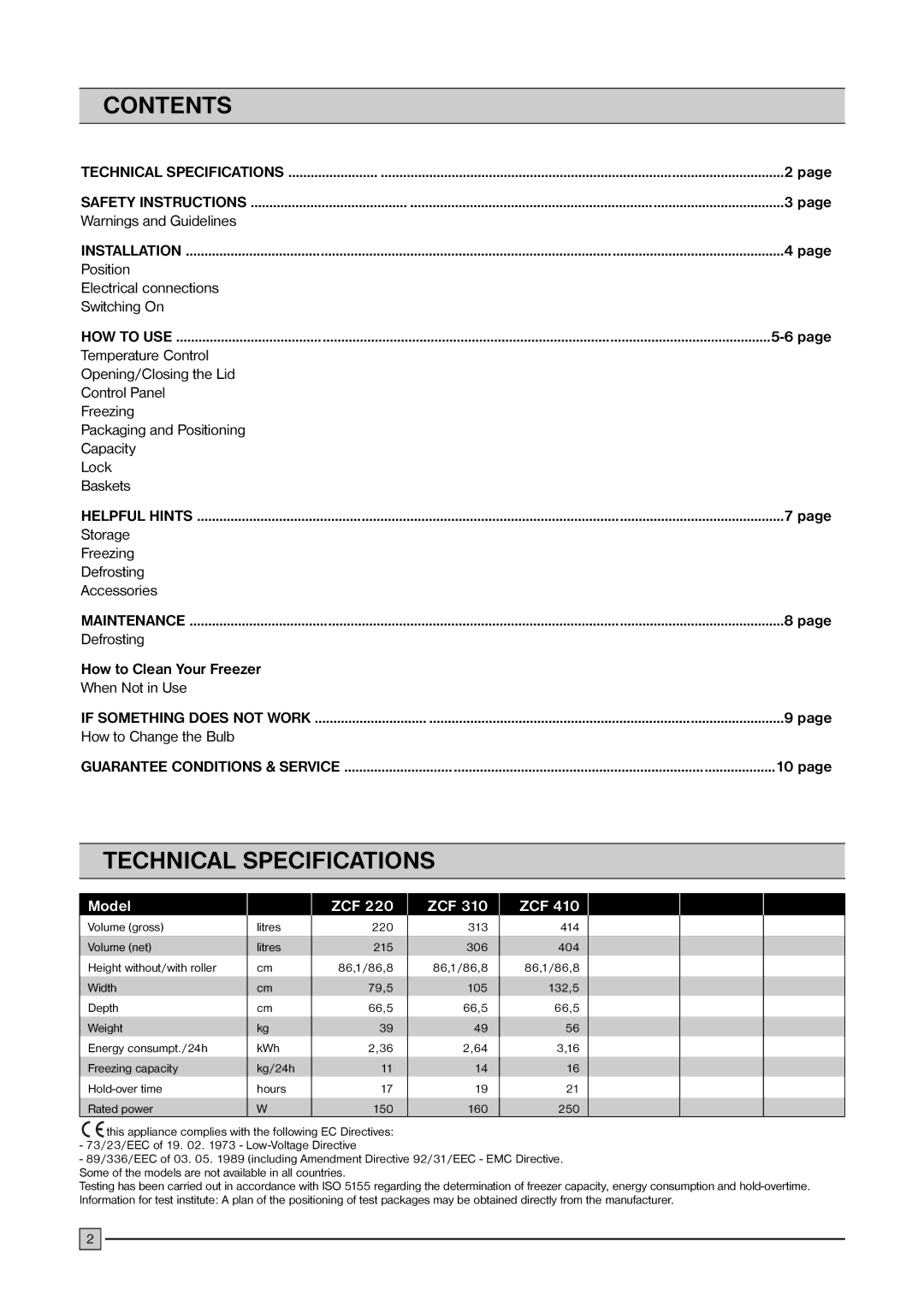 Zanussi ZCF 410, ZCF 220, ZCF 310 installation manual Contents, Technical Specifications 