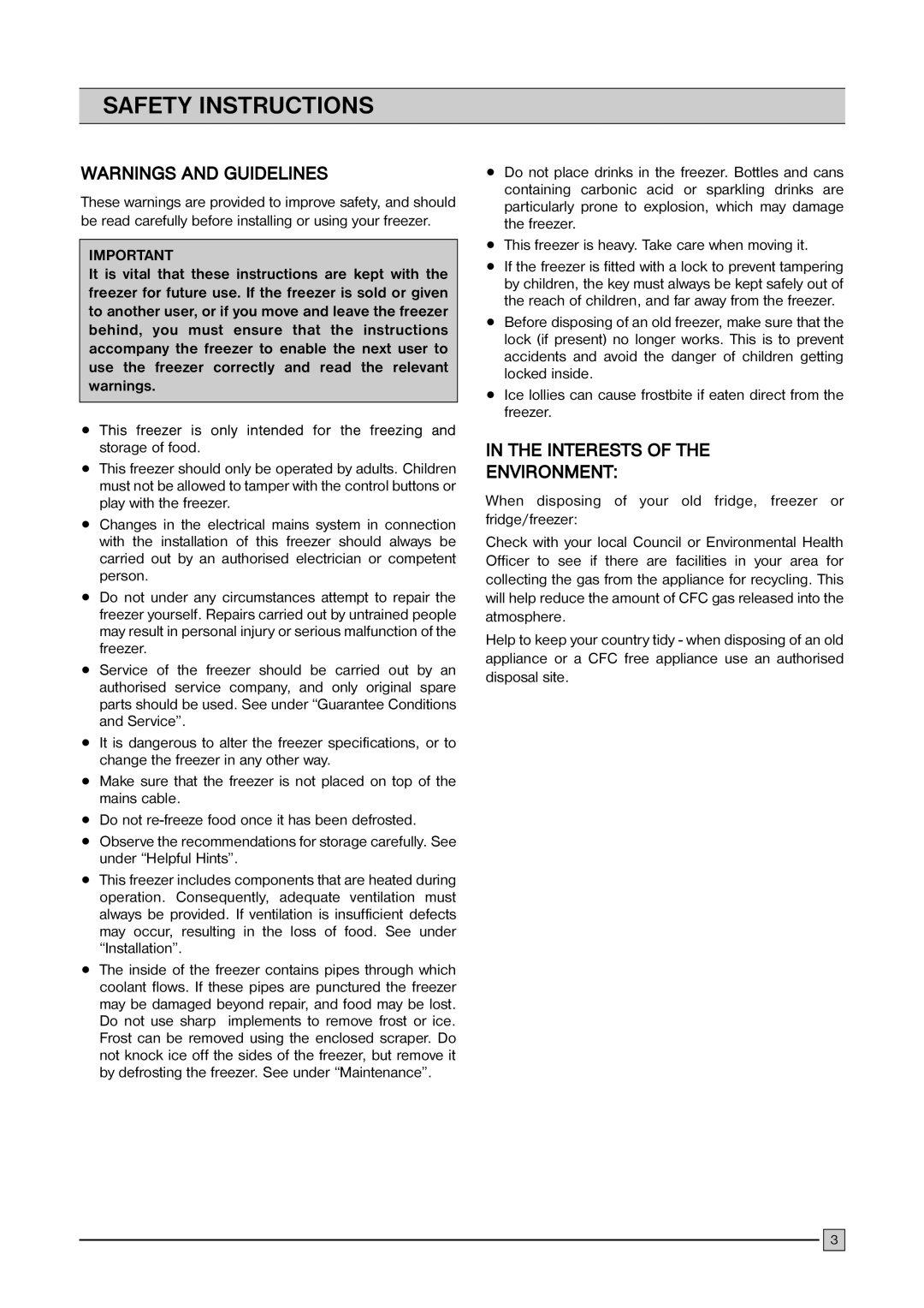 Zanussi ZCF 220, ZCF 310, ZCF 410 installation manual Safety Instructions, Interests Environment 