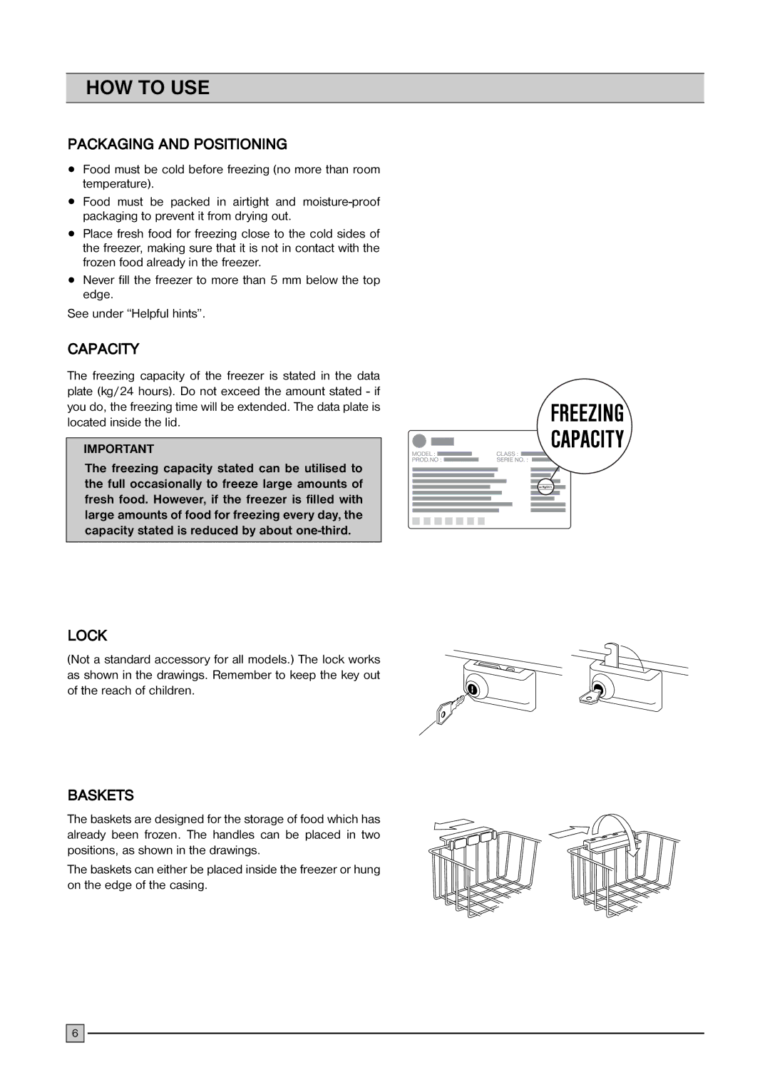 Zanussi ZCF 220, ZCF 310, ZCF 410 installation manual Packaging and Positioning, Capacity, Lock, Baskets 