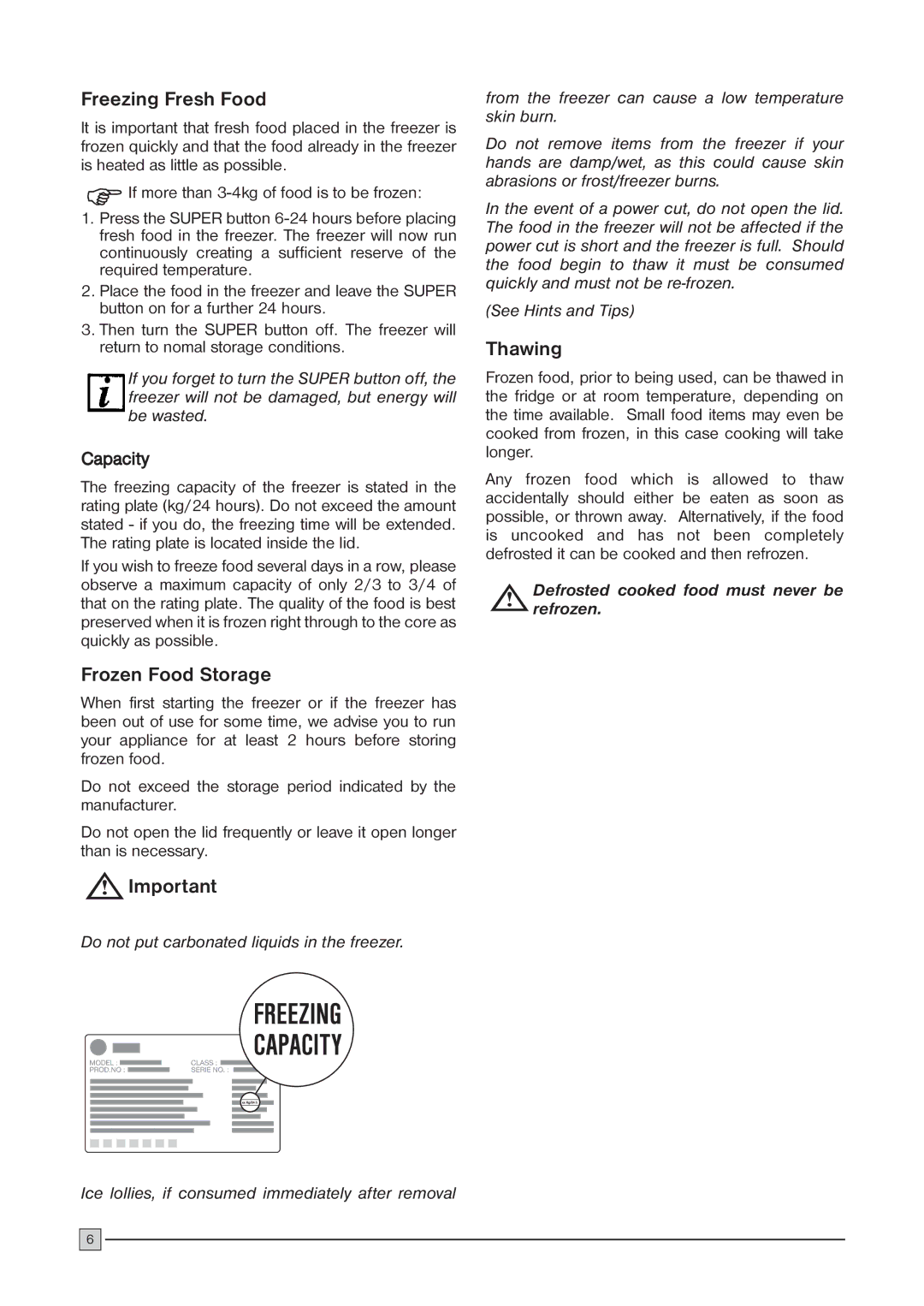 Zanussi ZCF 52 C installation manual Freezing Fresh Food, Frozen Food Storage, Thawing 