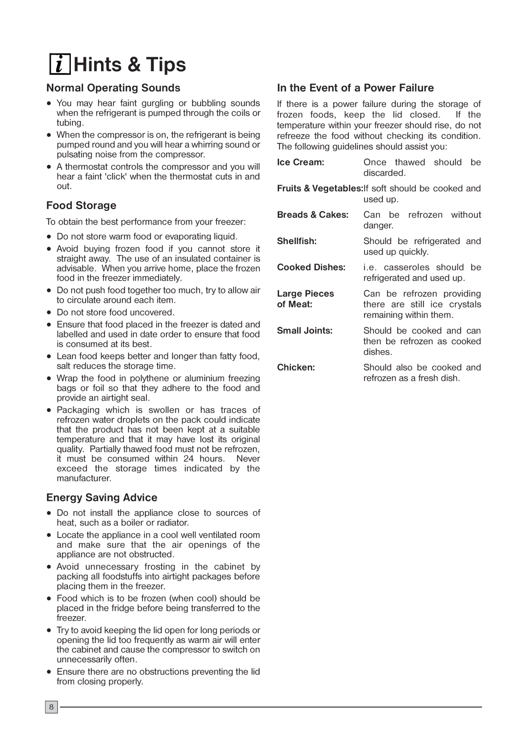 Zanussi ZCF 52 C Hints & Tips, Normal Operating Sounds, Food Storage, Energy Saving Advice, Event of a Power Failure 