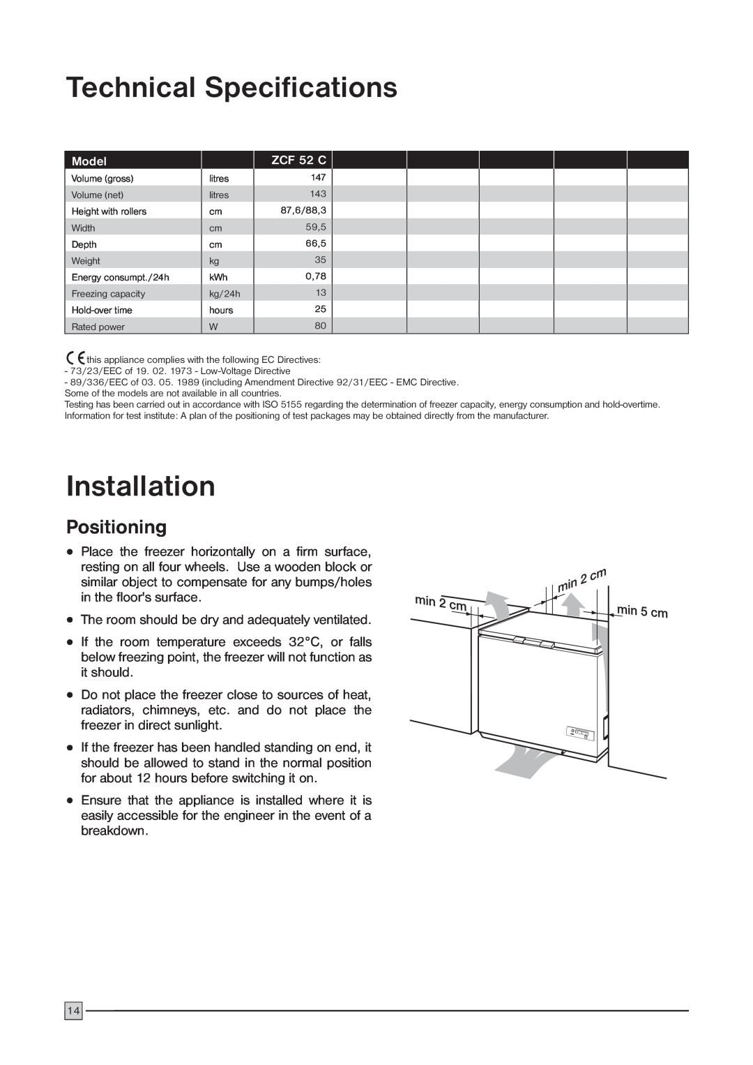 Zanussi ZCF 52 C installation manual Technical Specifications, Installation, Positioning 
