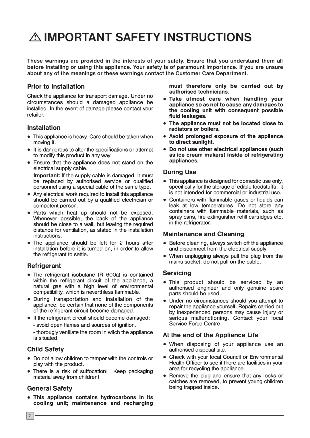 Zanussi ZCF 52 C Important Safety Instructions, Prior to Installation, Refrigerant, Child Safety, General Safety 