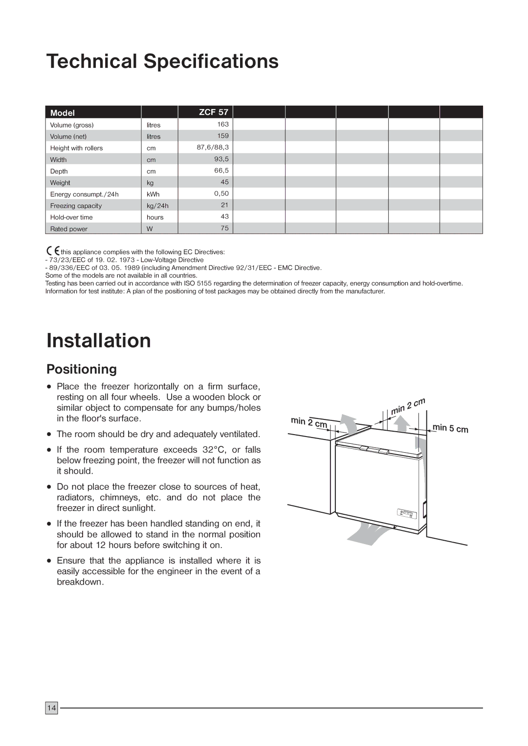 Zanussi ZCF 57 installation manual Technical Specifications, Installation 