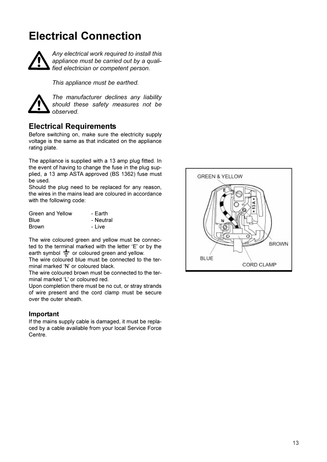 Zanussi ZCFF7/5W manual Electrical Connection, Electrical Requirements 