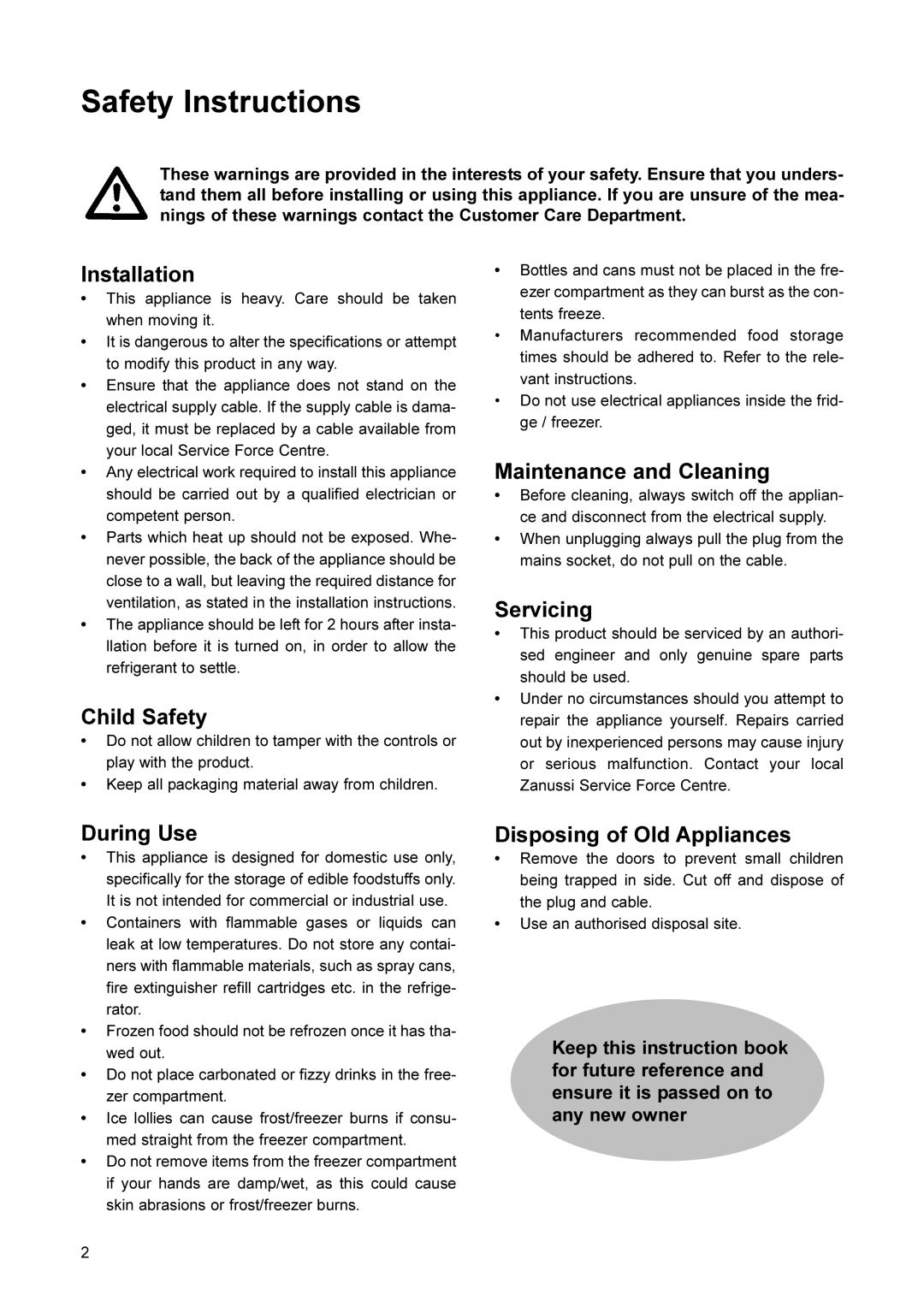 Zanussi ZCFF7/5W manual Safety Instructions 