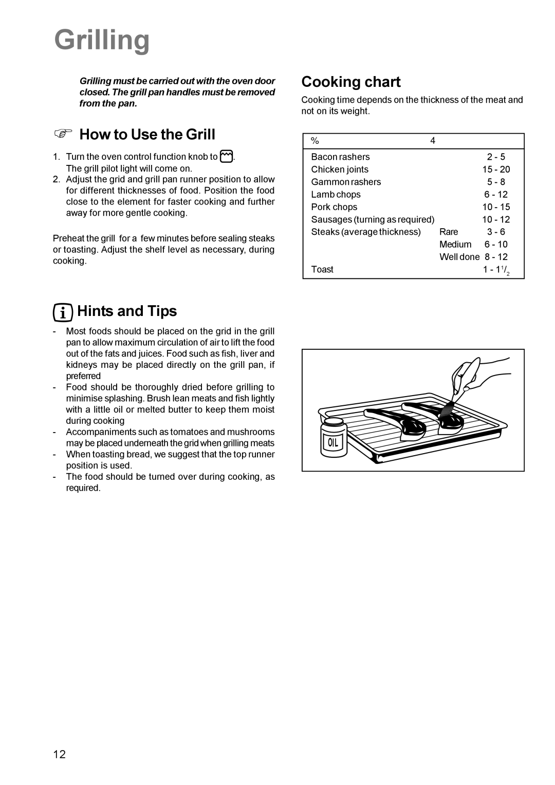 Zanussi ZCG 611 manual Grilling, How to Use the Grill, Cooking chart, Hints and Tips 