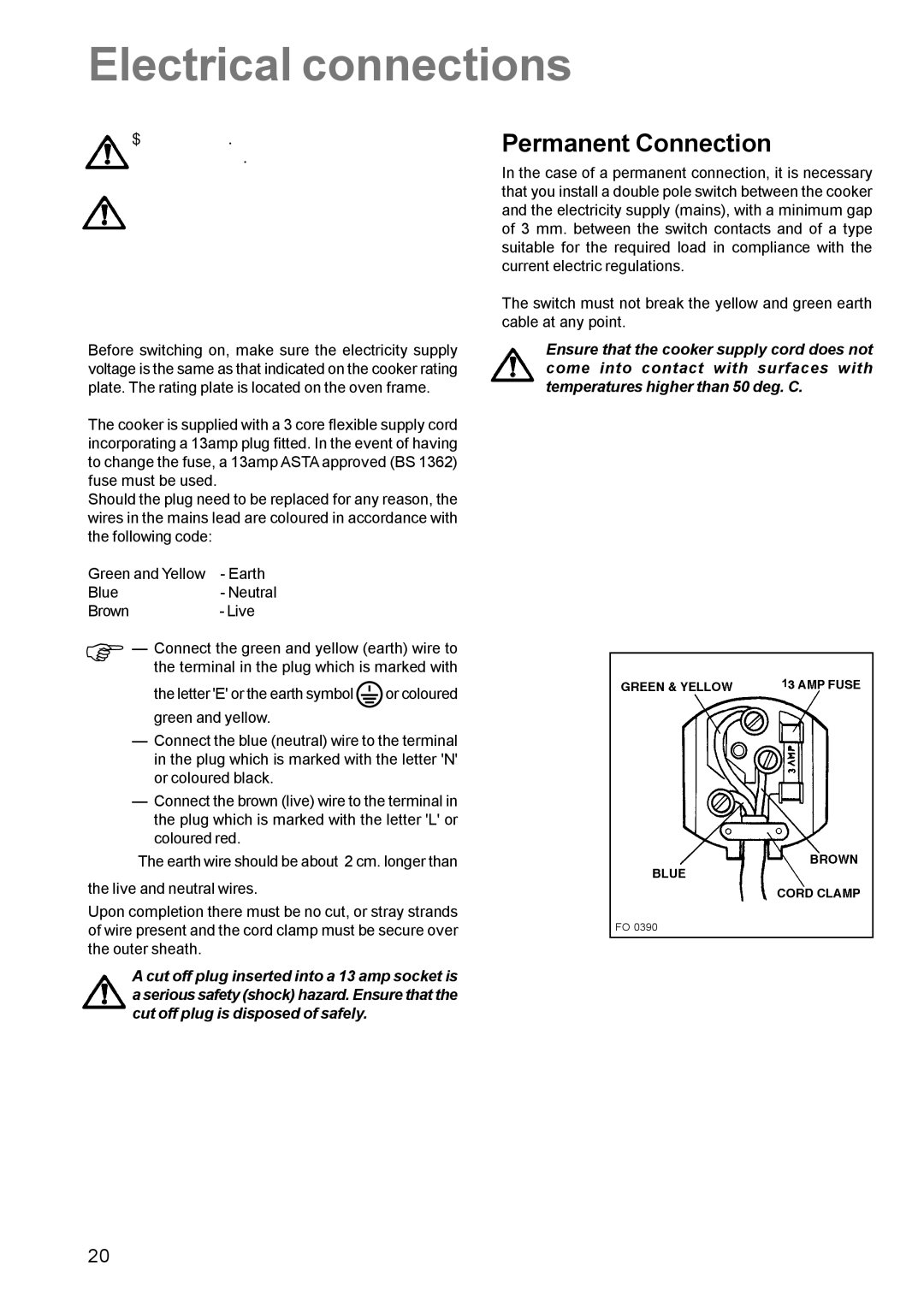 Zanussi ZCG 611 manual Electrical connections, Permanent Connection, This Cooker Must be Earthed 