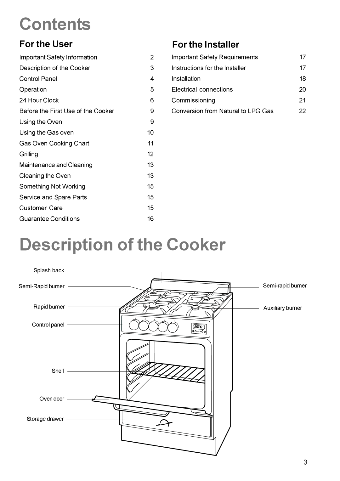 Zanussi ZCG 611 manual Contents, Description of the Cooker 