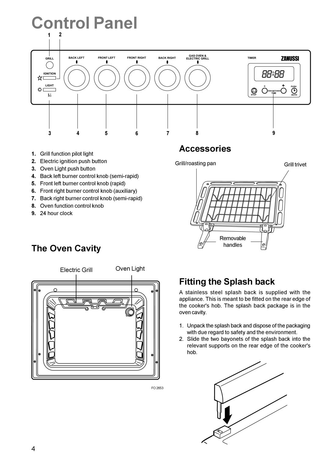 Zanussi ZCG 611 manual Control Panel, Accessories, Oven Cavity, Fitting the Splash back 