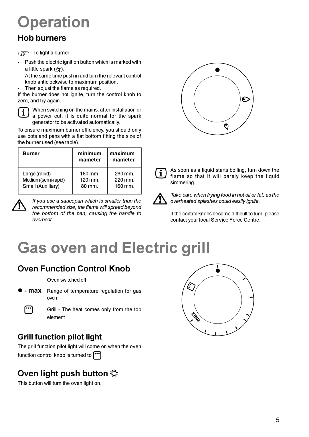 Zanussi ZCG 611 Operation, Gas oven and Electric grill, Hob burners, Oven Function Control Knob, Oven light push button 