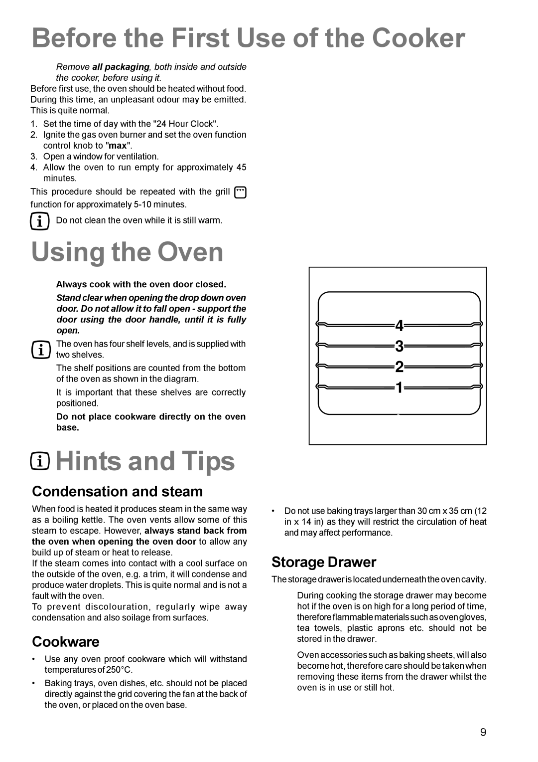 Zanussi ZCG 611 manual Before the First Use of the Cooker, Using the Oven, Hints and Tips 