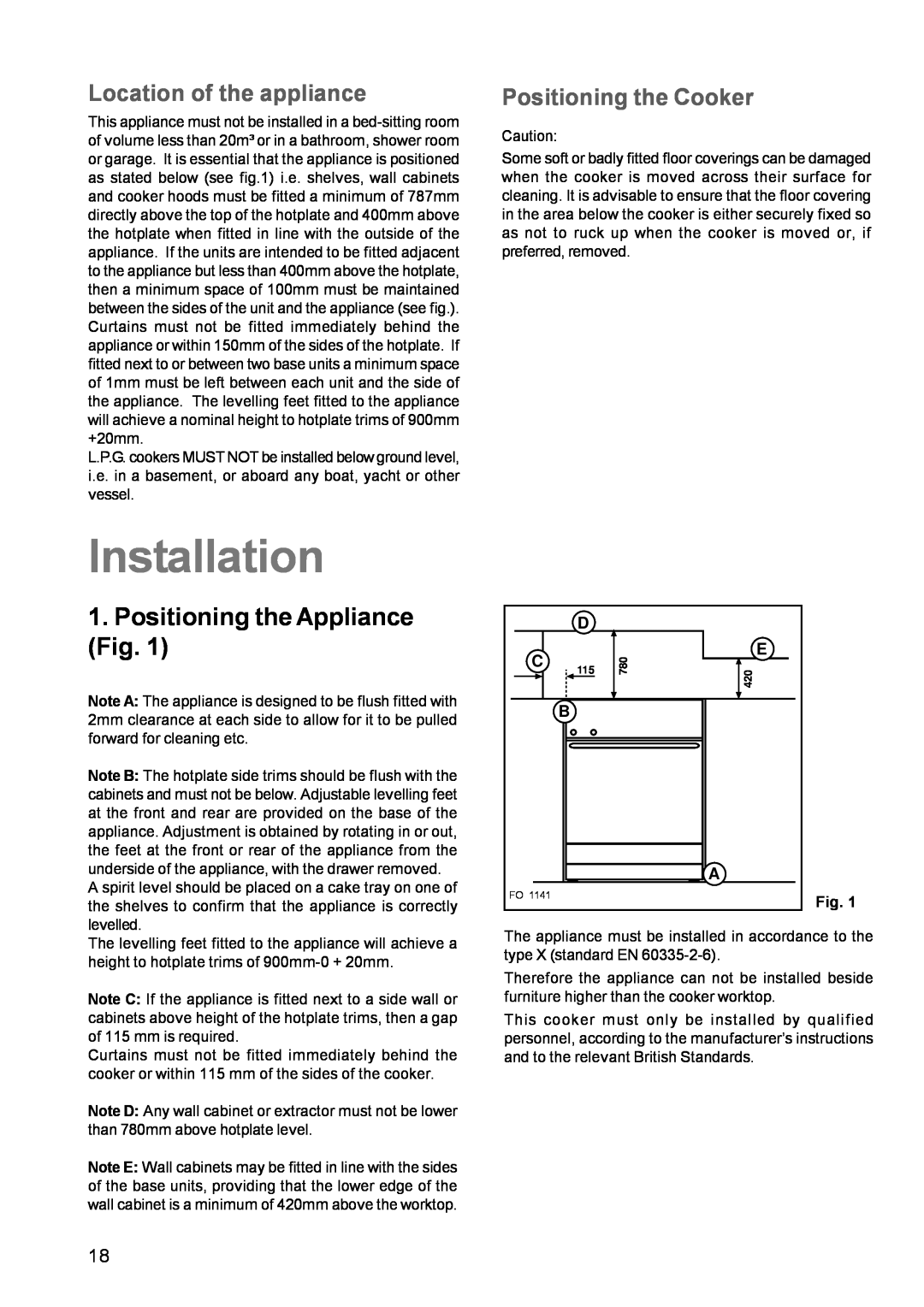 Zanussi ZCG 611 manual Installation, Positioning the Appliance Fig, Location of the appliance, Positioning the Cooker 